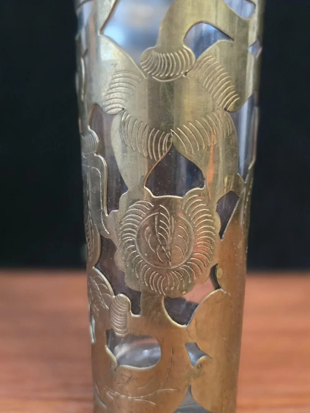 Vintage Mexican MCM Brass Overlay Glass Tumbler w/ Etched Floral Design 6.5
